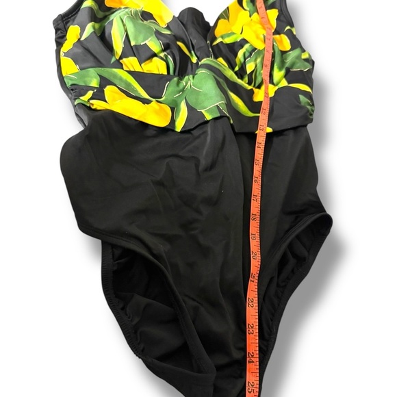 Vtg 90s Yellow/Black Floral V-Neck High Leg One Piece Swimsuit Large 12 - Picture 6 of 7
